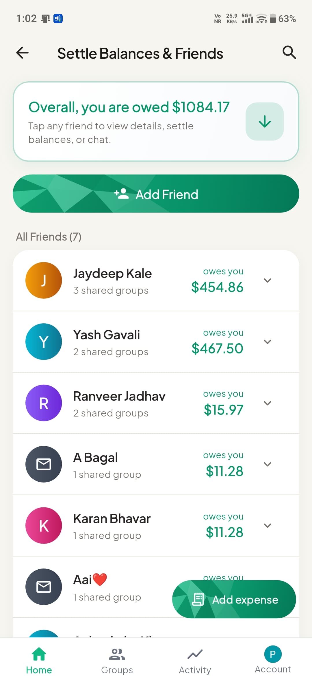 Friends list with balances